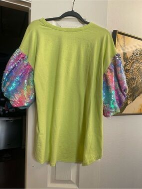 Fantastic Fawn Lime Green Tee with Iridescent Sequin Puff Sleeves